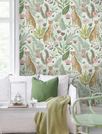 Floralplus Wallpaper Peel and Stick Leopard Jungle Mint Green Floral Botanical Wall Decor Kids Room Nursery Bathroom Removable Mural