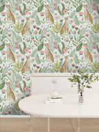Floralplus Wallpaper Peel and Stick Leopard Jungle Mint Green Floral Botanical Wall Decor Kids Room Nursery Bathroom Removable Mural