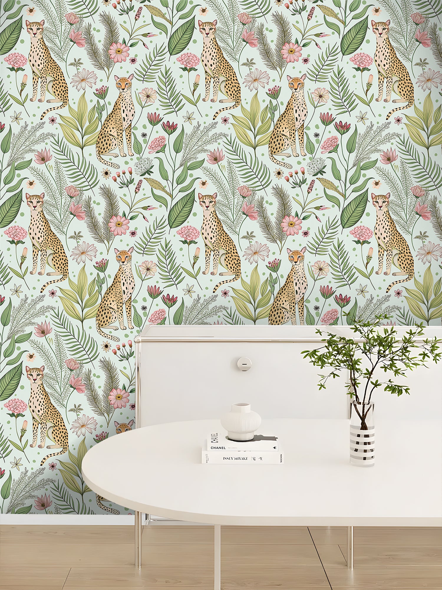 Floralplus Wallpaper Peel and Stick Leopard Jungle Mint Green Floral Botanical Wall Decor Kids Room Nursery Bathroom Removable Mural