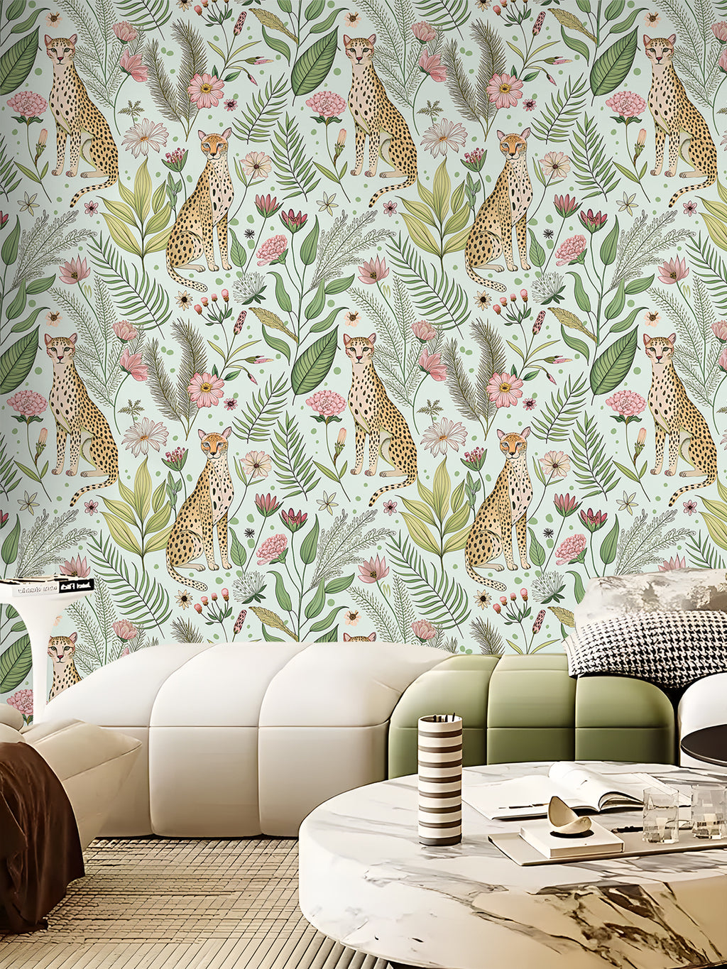 Floralplus Wallpaper Peel and Stick Leopard Jungle Mint Green Floral Botanical Wall Decor Kids Room Nursery Bathroom Removable Mural