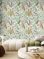 Floralplus Wallpaper Peel and Stick Leopard Jungle Mint Green Floral Botanical Wall Decor Kids Room Nursery Bathroom Removable Mural