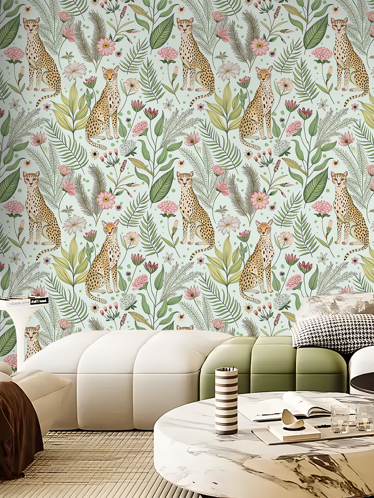Floralplus Wallpaper Peel and Stick Leopard Jungle Mint Green Floral Botanical Wall Decor Kids Room Nursery Bathroom Removable Mural