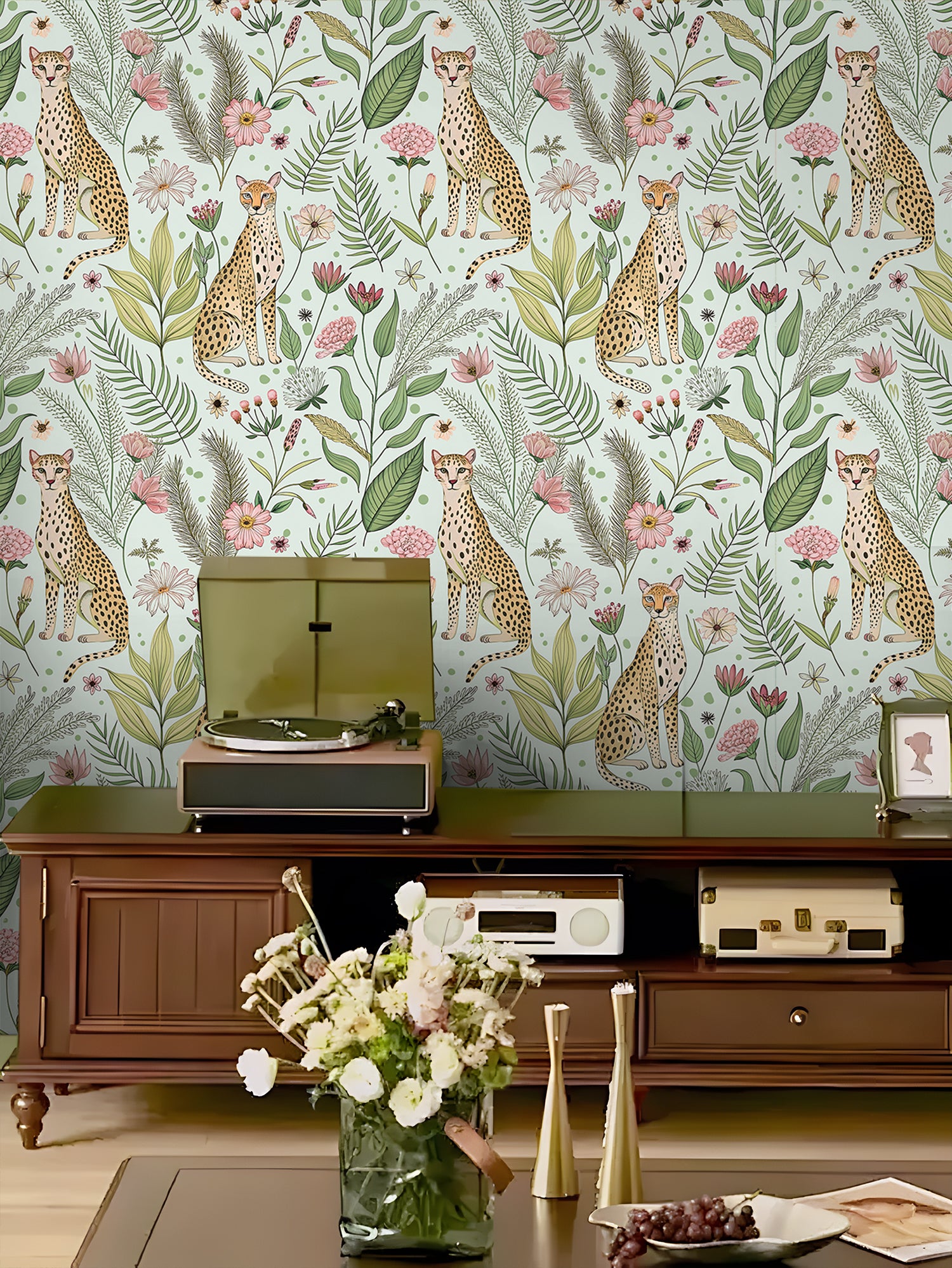 Floralplus Wallpaper Peel and Stick Leopard Jungle Mint Green Floral Botanical Wall Decor Kids Room Nursery Bathroom Removable Mural