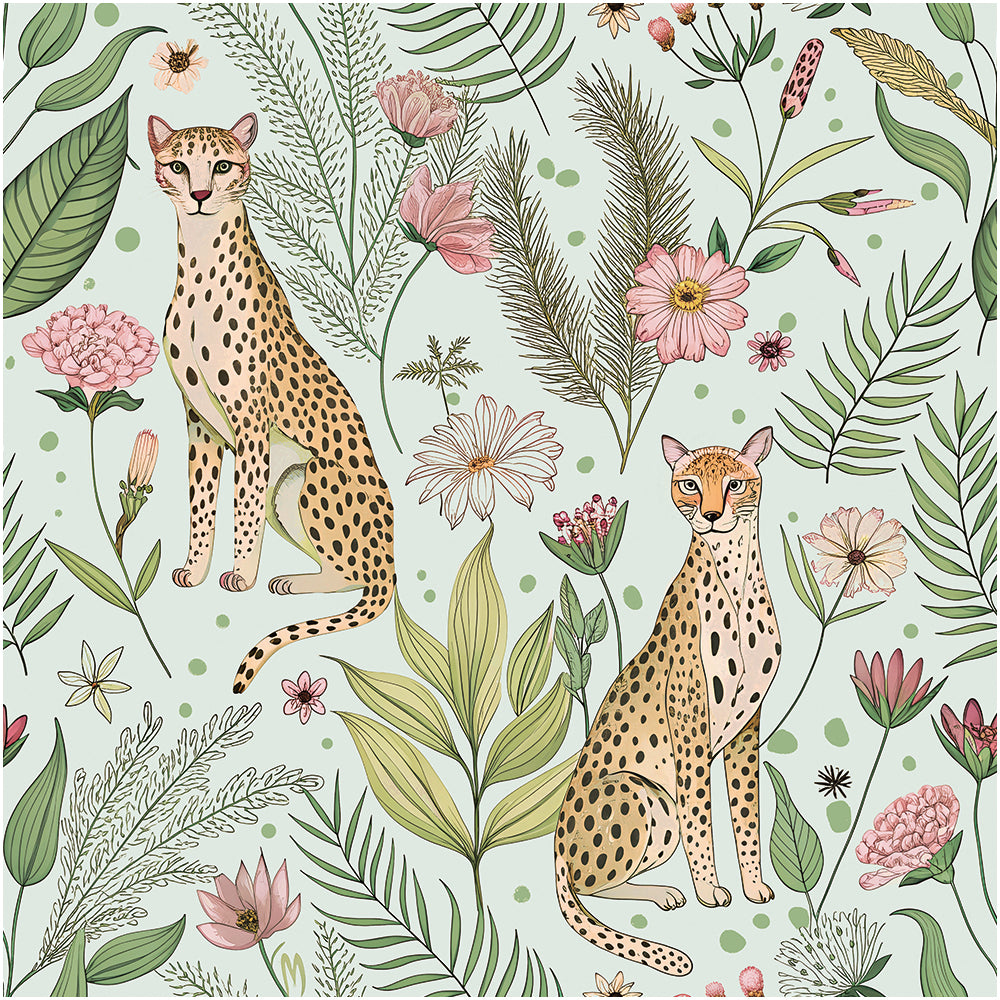 Floralplus Wallpaper Peel and Stick Leopard Jungle Mint Green Floral Botanical Wall Decor Kids Room Nursery Bathroom Removable Mural