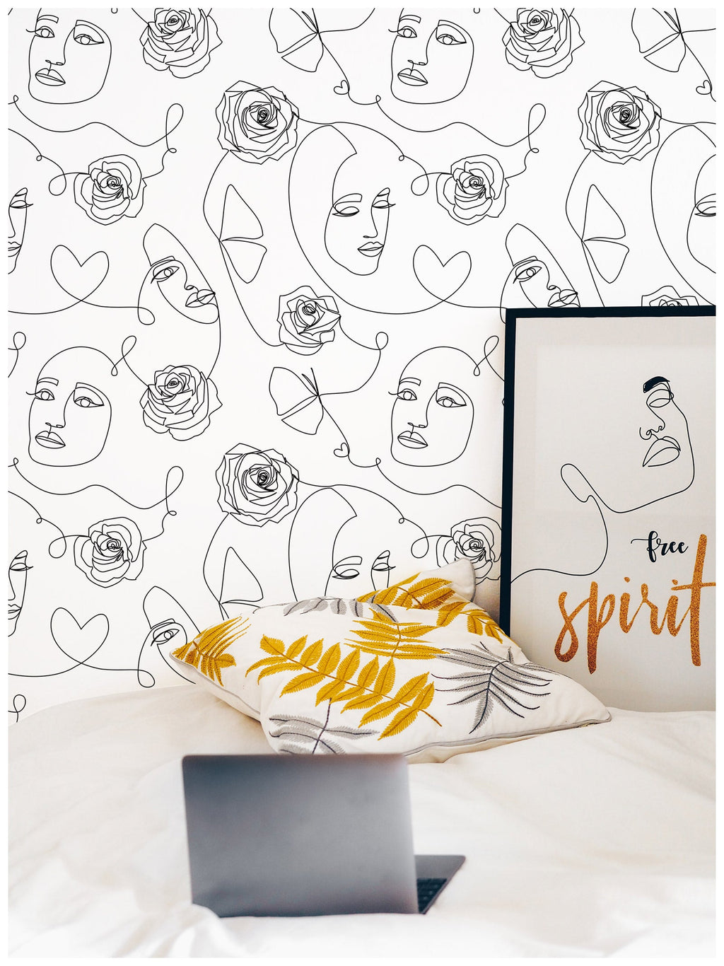 Floralplus Wallpaper Peel and Stick Line Art Abstract Face Rose Butterfly Modern Minimalist Boho Removable Wall Mural for Bedroom Living Room