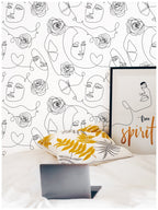 Floralplus Wallpaper Peel and Stick Line Art Abstract Face Rose Butterfly Modern Minimalist Boho Removable Wall Mural for Bedroom Living Room