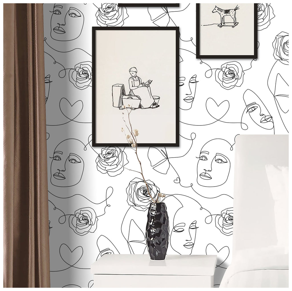 Floralplus Wallpaper Peel and Stick Line Art Abstract Face Rose Butterfly Modern Minimalist Boho Removable Wall Mural for Bedroom Living Room
