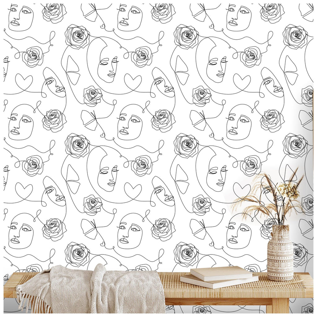 Floralplus Wallpaper Peel and Stick Line Art Abstract Face Rose Butterfly Modern Minimalist Boho Removable Wall Mural for Bedroom Living Room