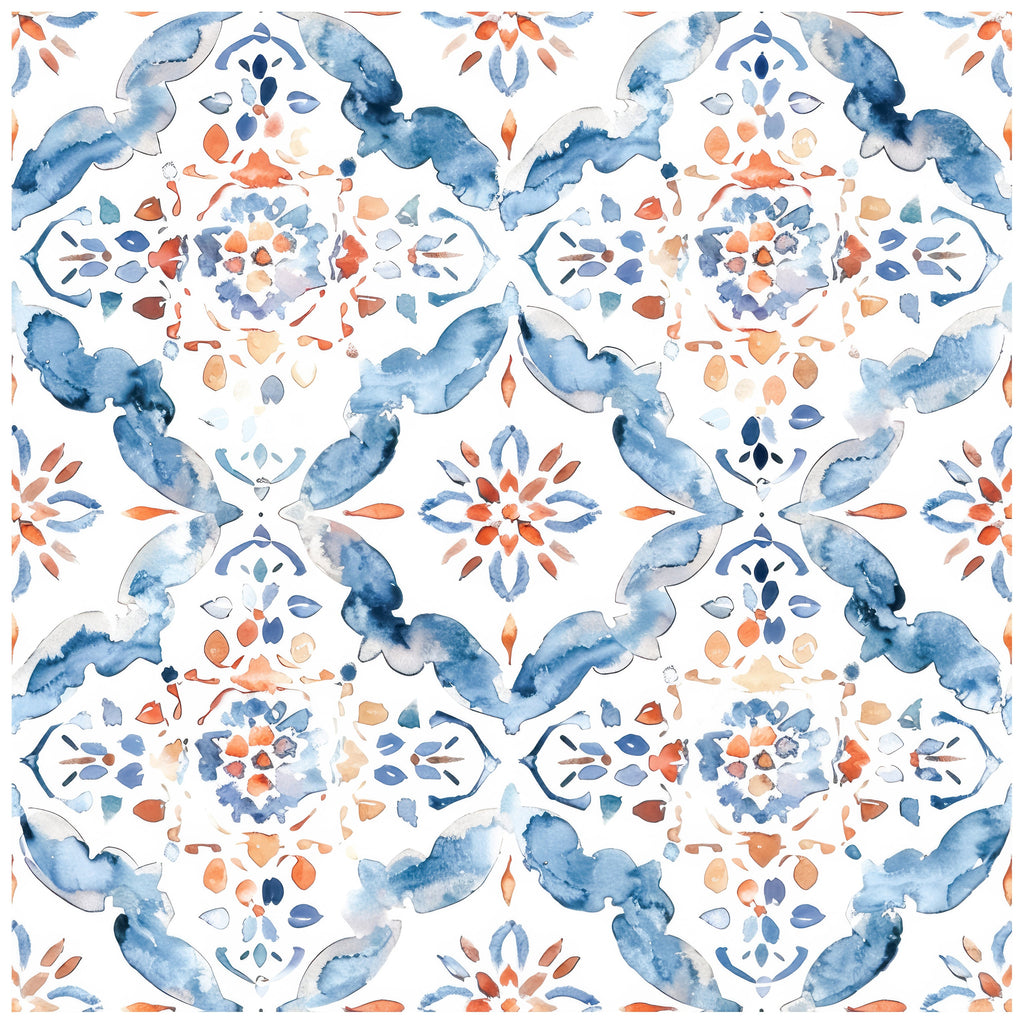 Floralplus Wallpaper Peel and Stick Mediterranean Tile Blue Orange Watercolor Removable Bathroom Kitchen Laundry Room Backsplash Wall Decor
