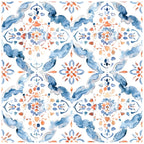Floralplus Wallpaper Peel and Stick Mediterranean Tile Blue Orange Watercolor Removable Bathroom Kitchen Laundry Room Backsplash Wall Decor