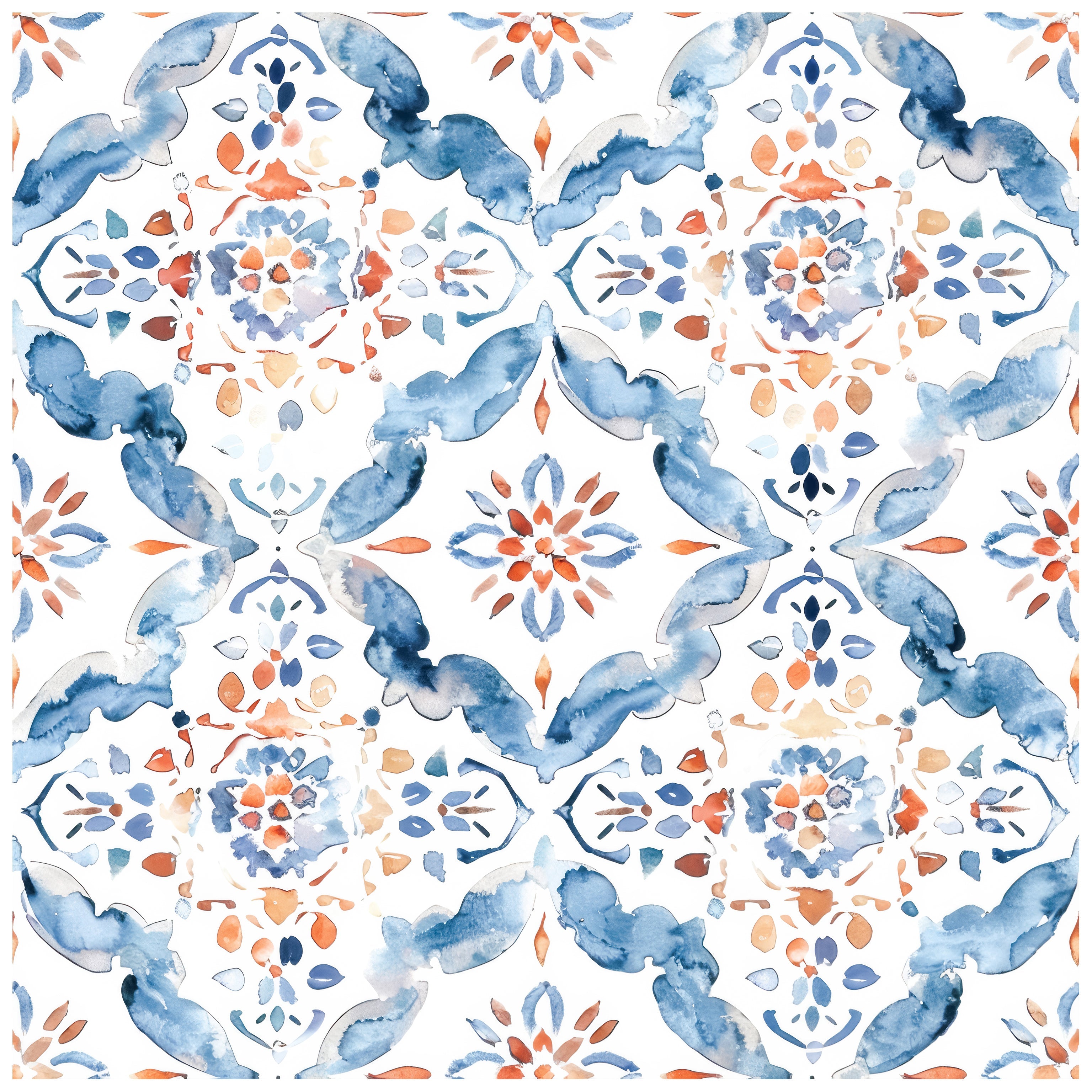 Floralplus Wallpaper Peel and Stick Mediterranean Tile Blue Orange Watercolor Removable Bathroom Kitchen Laundry Room Backsplash Wall Decor