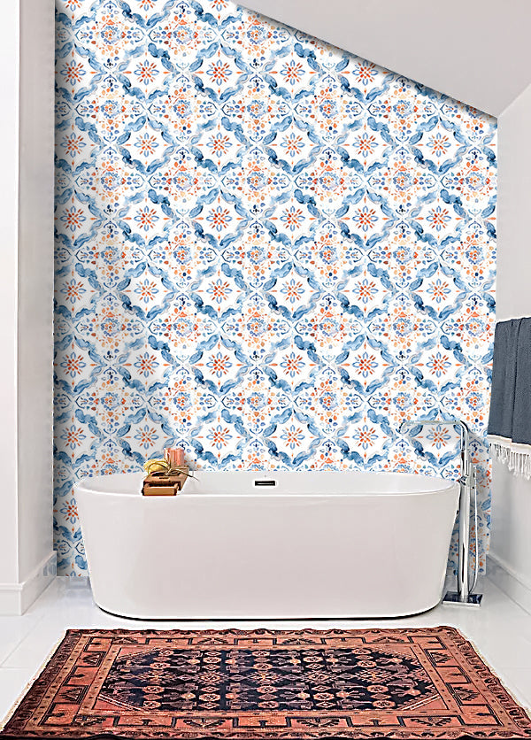 Floralplus Wallpaper Peel and Stick Mediterranean Tile Blue Orange Watercolor Removable Bathroom Kitchen Laundry Room Backsplash Wall Decor