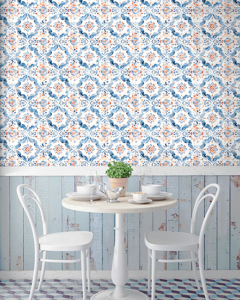 Floralplus Wallpaper Peel and Stick Mediterranean Tile Blue Orange Watercolor Removable Bathroom Kitchen Laundry Room Backsplash Wall Decor
