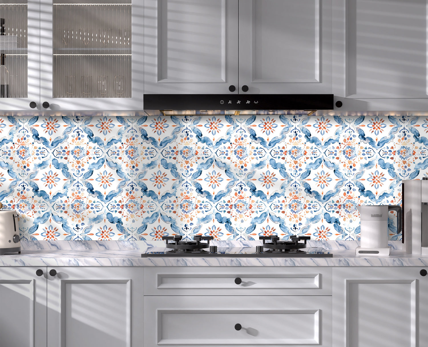 Floralplus Wallpaper Peel and Stick Mediterranean Tile Blue Orange Watercolor Removable Bathroom Kitchen Laundry Room Backsplash Wall Decor