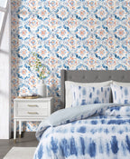 Floralplus Wallpaper Peel and Stick Mediterranean Tile Blue Orange Watercolor Removable Bathroom Kitchen Laundry Room Backsplash Wall Decor