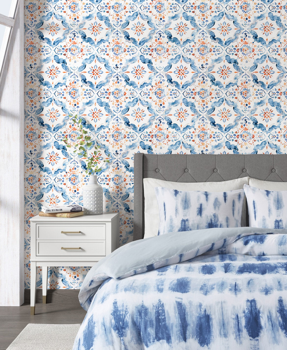 Floralplus Wallpaper Peel and Stick Mediterranean Tile Blue Orange Watercolor Removable Bathroom Kitchen Laundry Room Backsplash Wall Decor