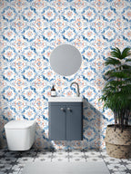 Floralplus Wallpaper Peel and Stick Mediterranean Tile Blue Orange Watercolor Removable Bathroom Kitchen Laundry Room Backsplash Wall Decor