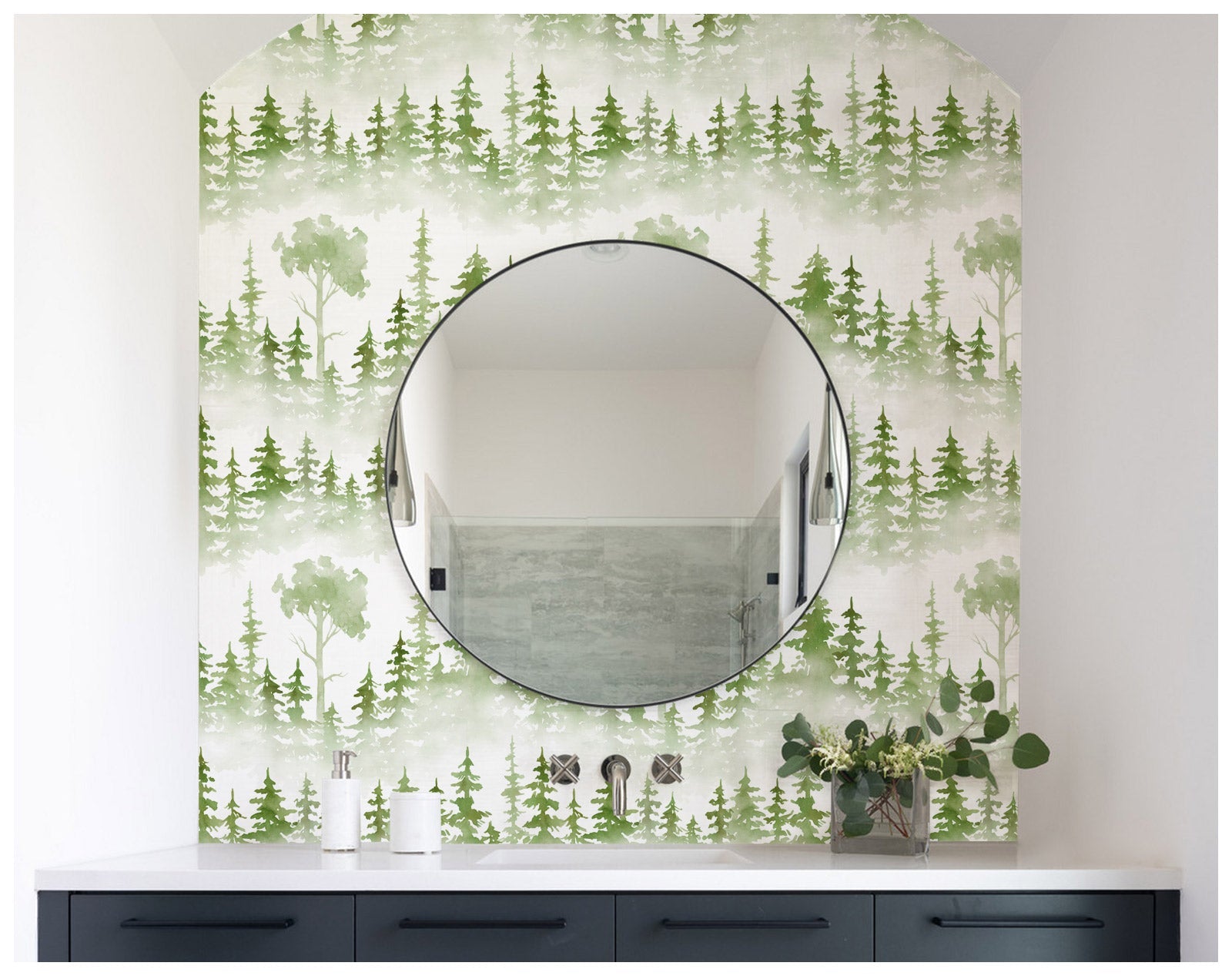 Floralplus Wallpaper Peel and Stick Misty Pine Forest Green Watercolor Trees Woodland Wall Mural Nursery Bedroom Removable Self Adhesive Decor