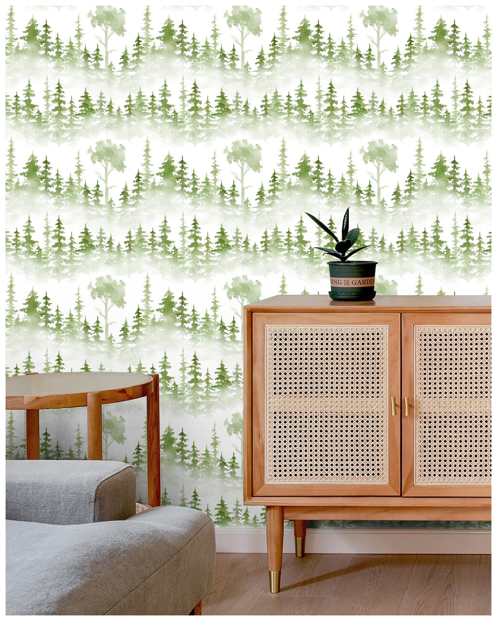 Floralplus Wallpaper Peel and Stick Misty Pine Forest Green Watercolor Trees Woodland Wall Mural Nursery Bedroom Removable Self Adhesive Decor