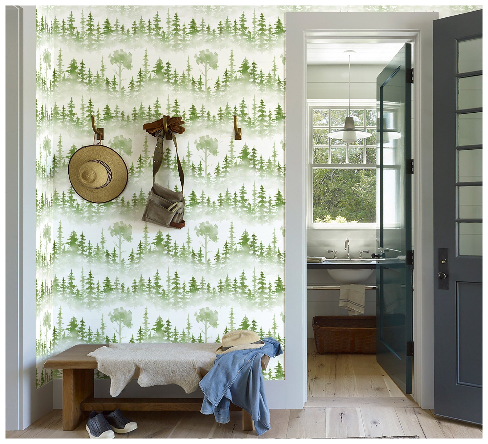 Floralplus Wallpaper Peel and Stick Misty Pine Forest Green Watercolor Trees Woodland Wall Mural Nursery Bedroom Removable Self Adhesive Decor