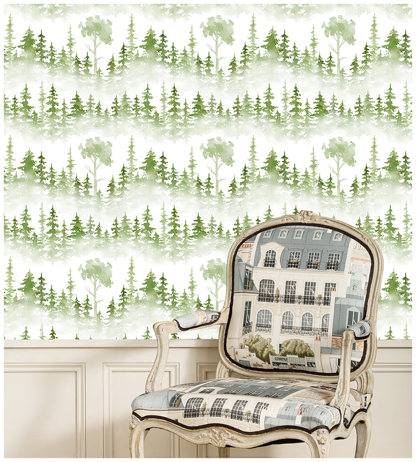Floralplus Wallpaper Peel and Stick Misty Pine Forest Green Watercolor Trees Woodland Wall Mural Nursery Bedroom Removable Self Adhesive Decor