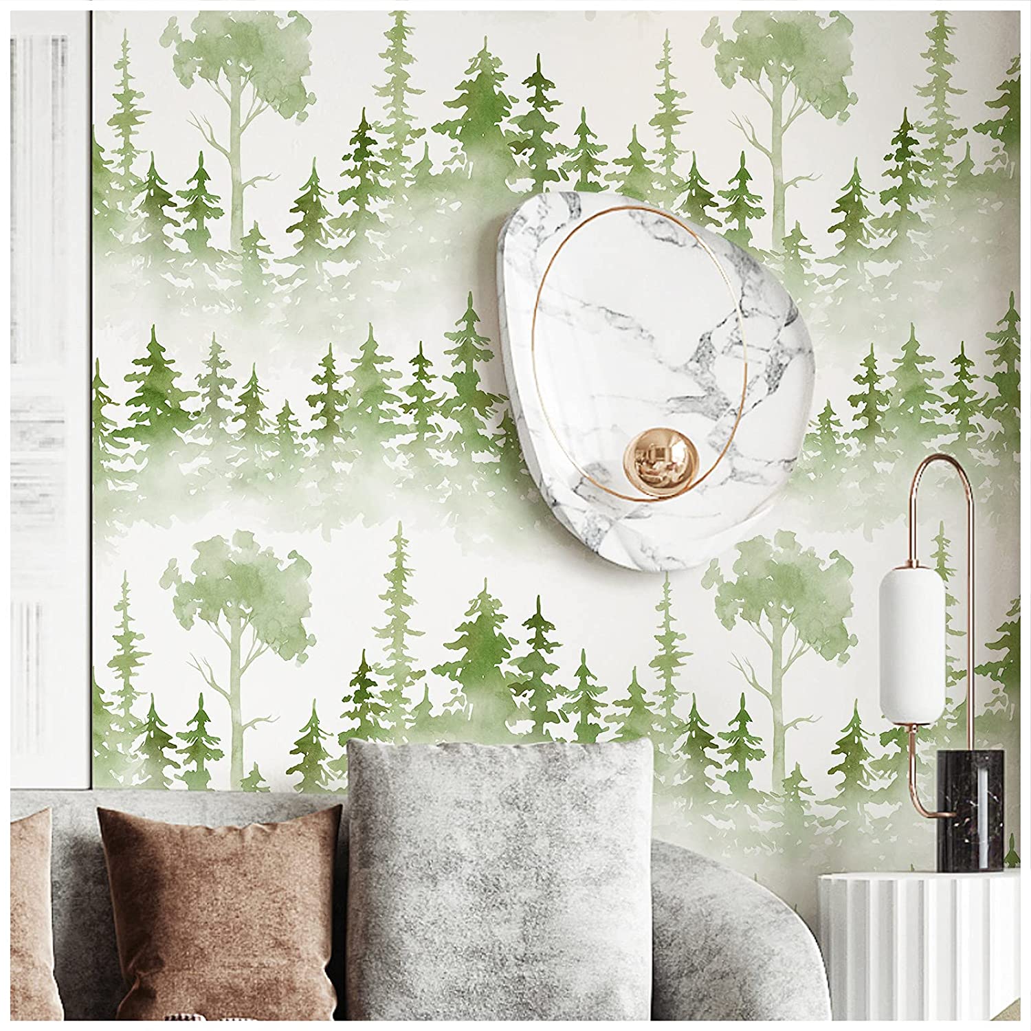 Floralplus Wallpaper Peel and Stick Misty Pine Forest Green Watercolor Trees Woodland Wall Mural Nursery Bedroom Removable Self Adhesive Decor