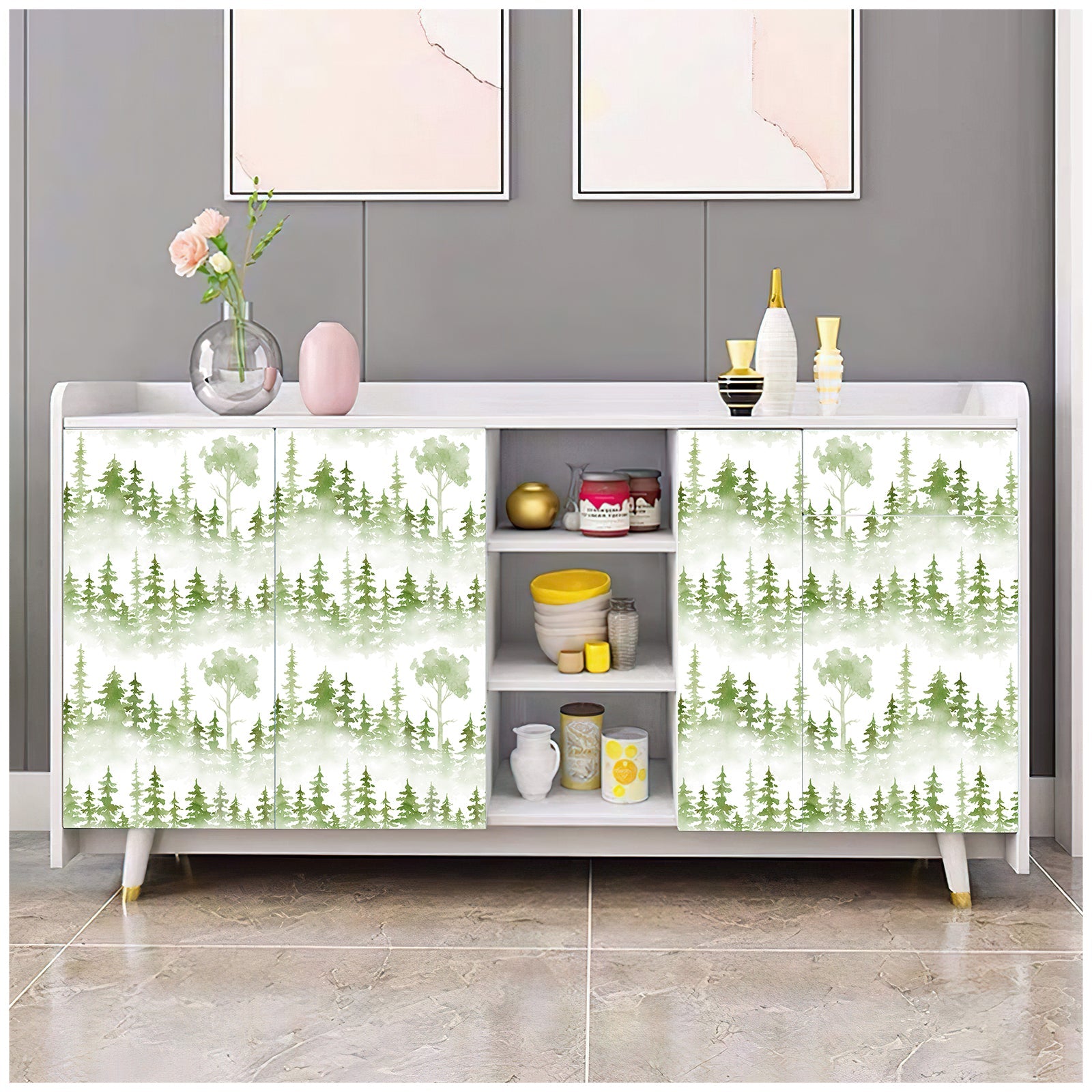 Floralplus Wallpaper Peel and Stick Misty Pine Forest Green Watercolor Trees Woodland Wall Mural Nursery Bedroom Removable Self Adhesive Decor