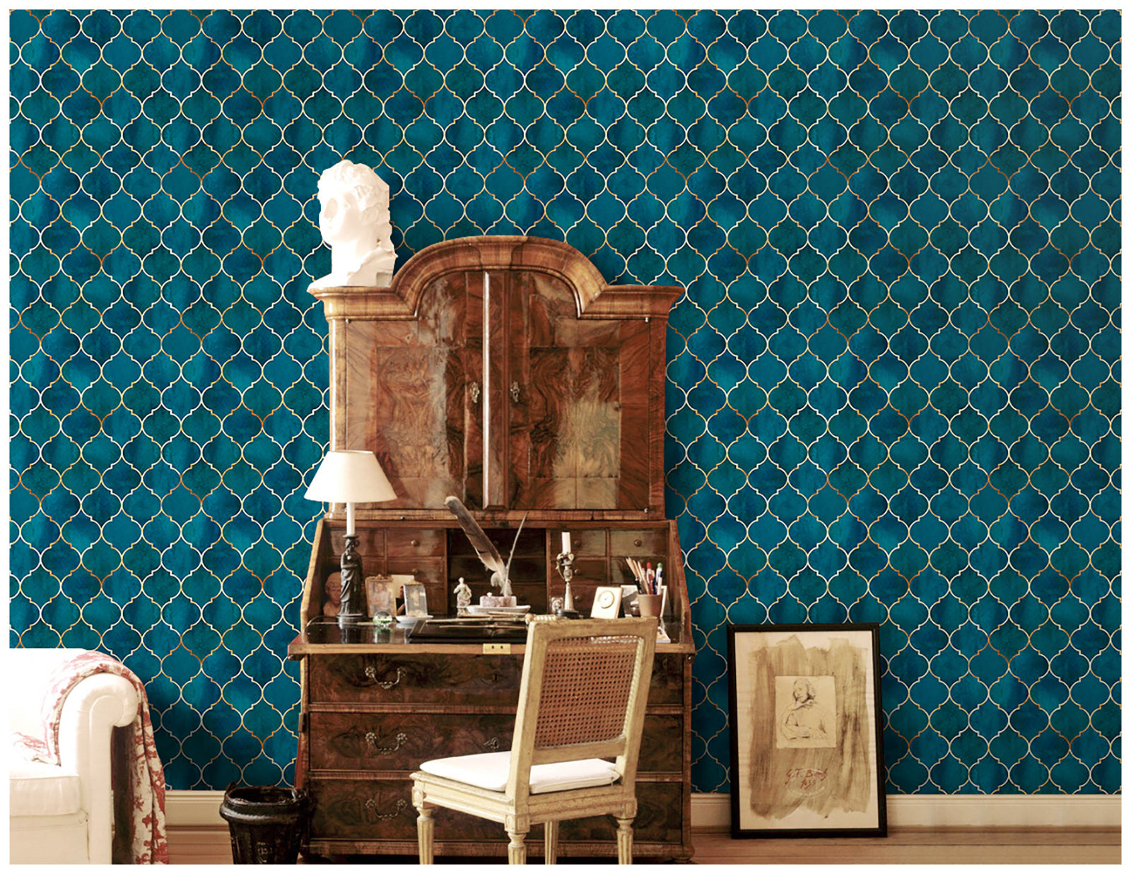 Floralplus Wallpaper Peel and Stick Moroccan Trellis Navy Teal Gold Geometric Tile Wall Decor Bathroom Kitchen Removable Mural