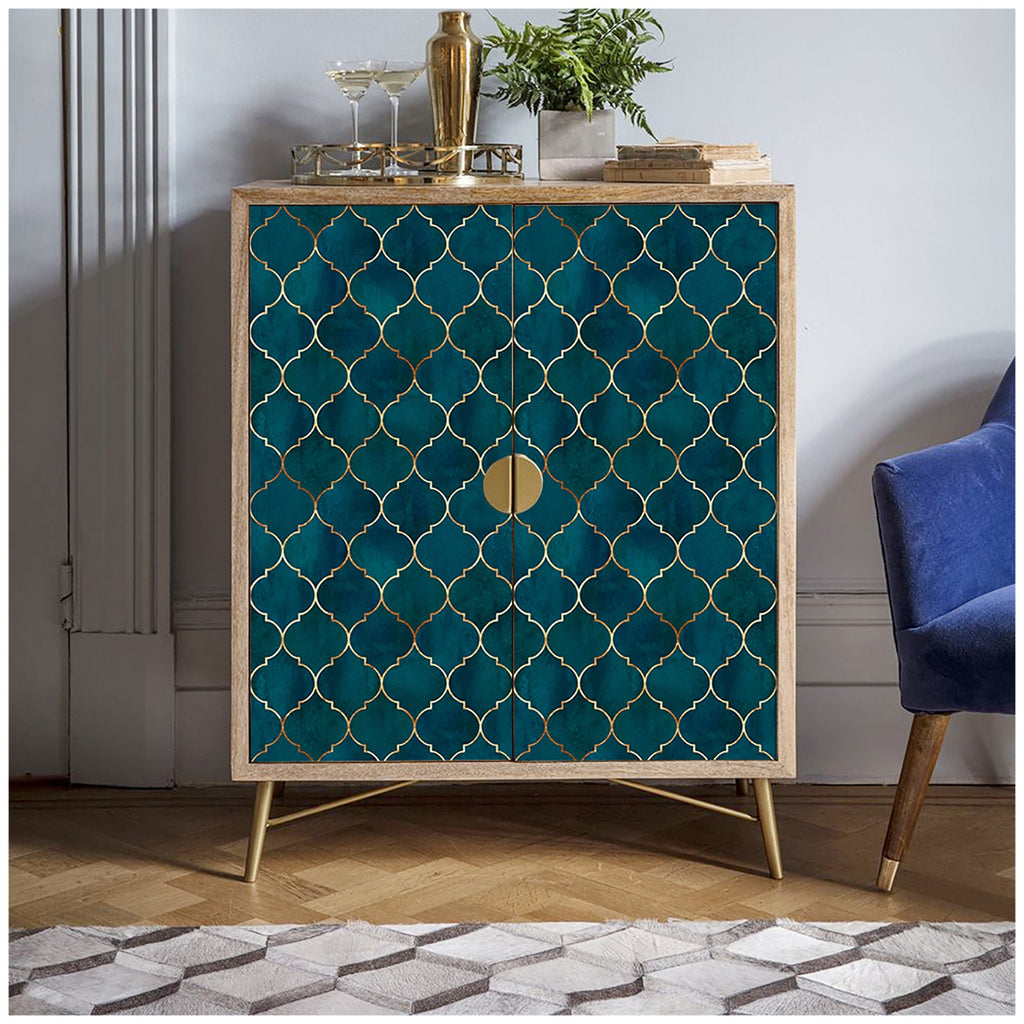 Floralplus Wallpaper Peel and Stick Moroccan Trellis Navy Teal Gold Geometric Tile Wall Decor Bathroom Kitchen Removable Mural