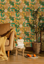 Floralplus Wallpaper Peel and Stick Mustard Yellow Botanical Floral Wall Mural Green Leaf Retro Bloom Removable Self Adhesive Wall Decor for Living Room Bedroom