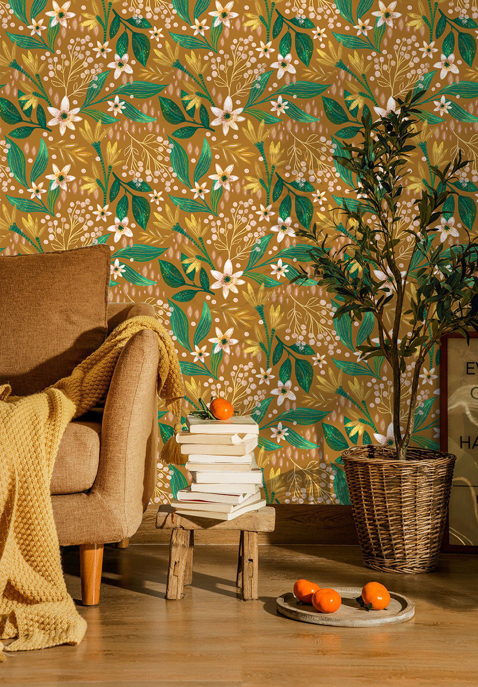 Floralplus Wallpaper Peel and Stick Mustard Yellow Botanical Floral Wall Mural Green Leaf Retro Bloom Removable Self Adhesive Wall Decor for Living Room Bedroom