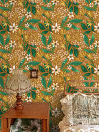 Floralplus Wallpaper Peel and Stick Mustard Yellow Botanical Floral Wall Mural Green Leaf Retro Bloom Removable Self Adhesive Wall Decor for Living Room Bedroom