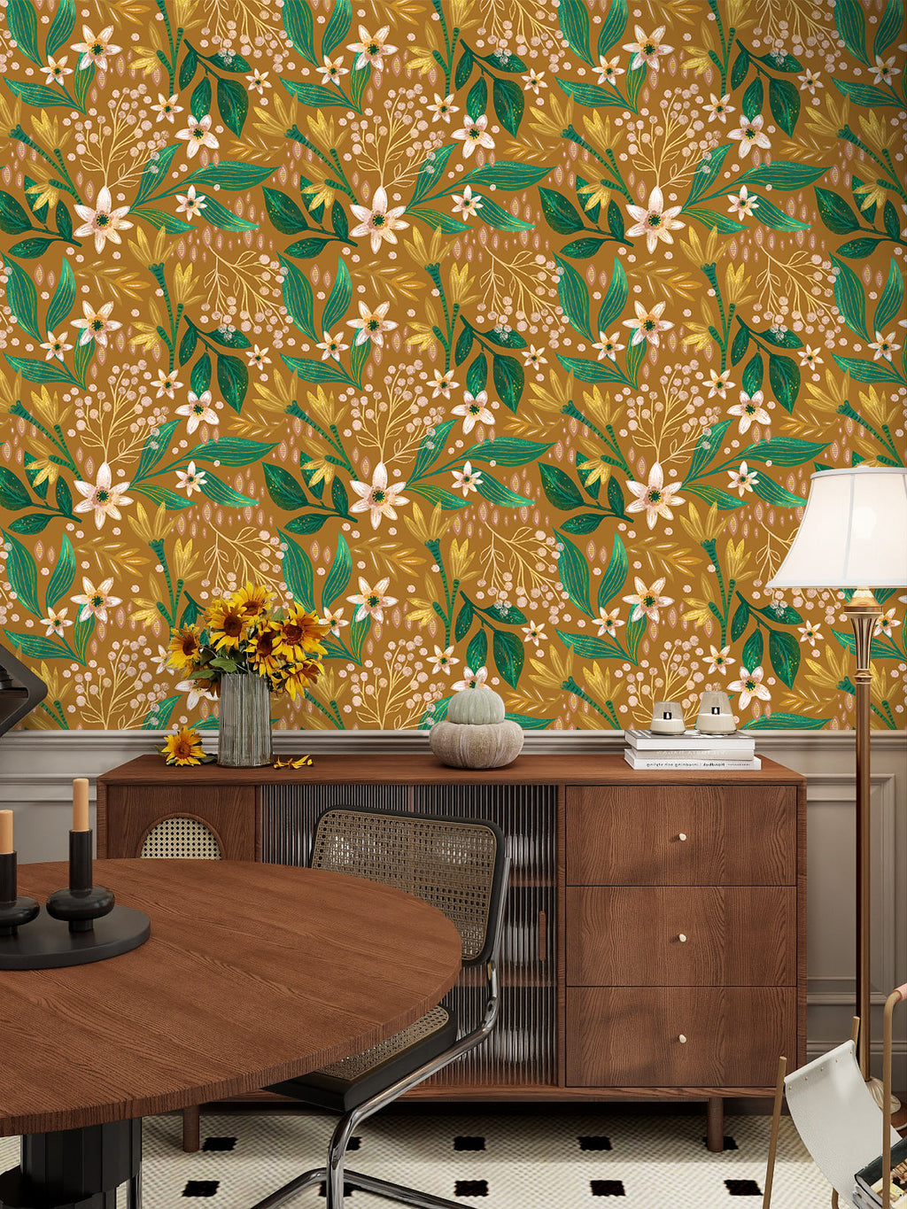 Floralplus Wallpaper Peel and Stick Mustard Yellow Botanical Floral Wall Mural Green Leaf Retro Bloom Removable Self Adhesive Wall Decor for Living Room Bedroom