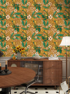 Floralplus Wallpaper Peel and Stick Mustard Yellow Botanical Floral Wall Mural Green Leaf Retro Bloom Removable Self Adhesive Wall Decor for Living Room Bedroom