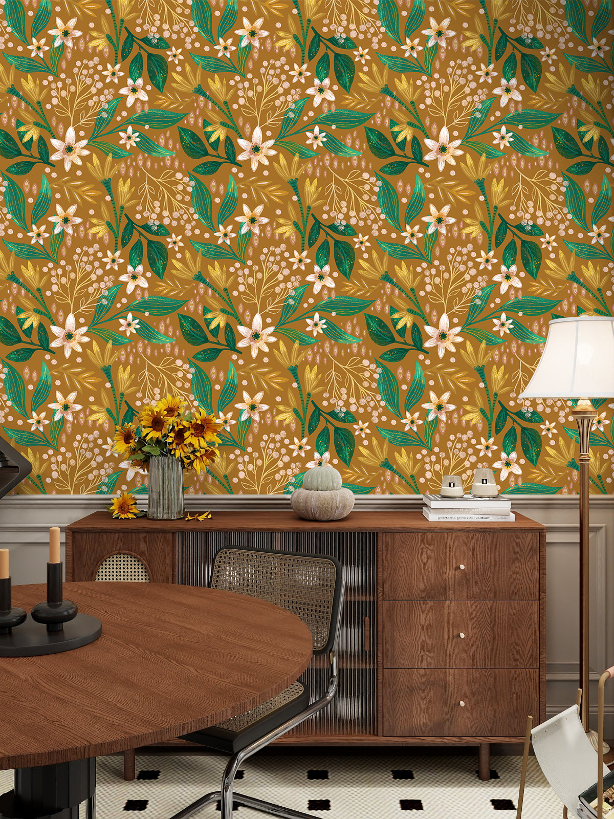 Floralplus Wallpaper Peel and Stick Mustard Yellow Botanical Floral Wall Mural Green Leaf Retro Bloom Removable Self Adhesive Wall Decor for Living Room Bedroom