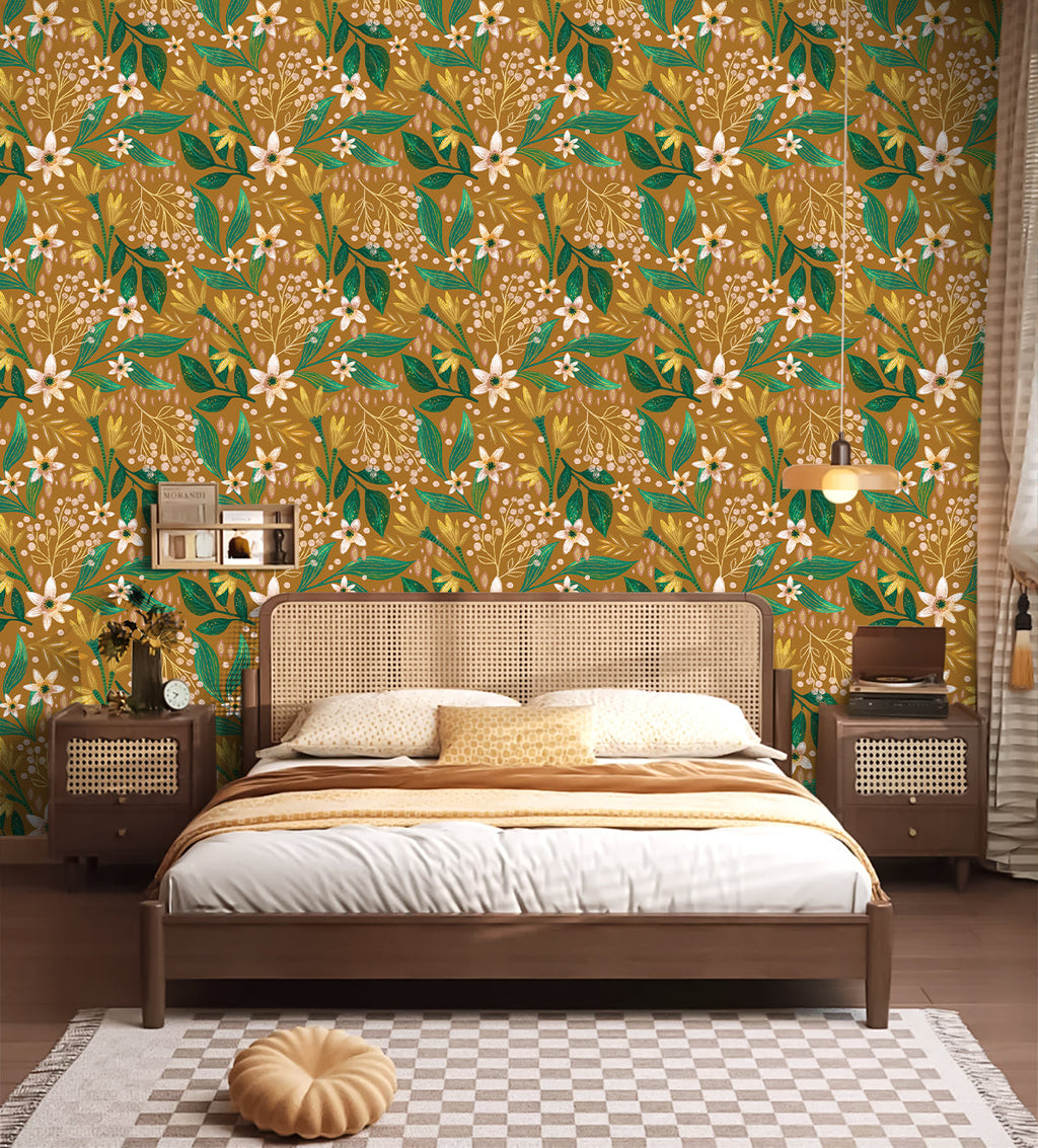 Floralplus Wallpaper Peel and Stick Mustard Yellow Botanical Floral Wall Mural Green Leaf Retro Bloom Removable Self Adhesive Wall Decor for Living Room Bedroom