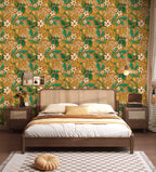 Floralplus Wallpaper Peel and Stick Mustard Yellow Botanical Floral Wall Mural Green Leaf Retro Bloom Removable Self Adhesive Wall Decor for Living Room Bedroom