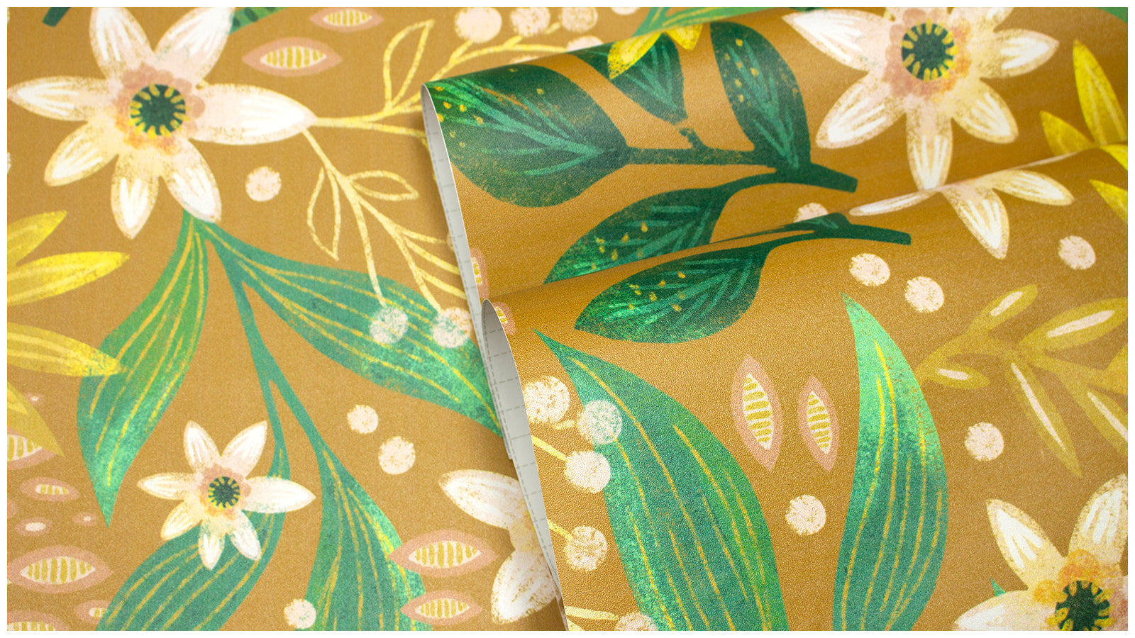 Floralplus Wallpaper Peel and Stick Mustard Yellow Botanical Floral Wall Mural Green Leaf Retro Bloom Removable Self Adhesive Wall Decor for Living Room Bedroom