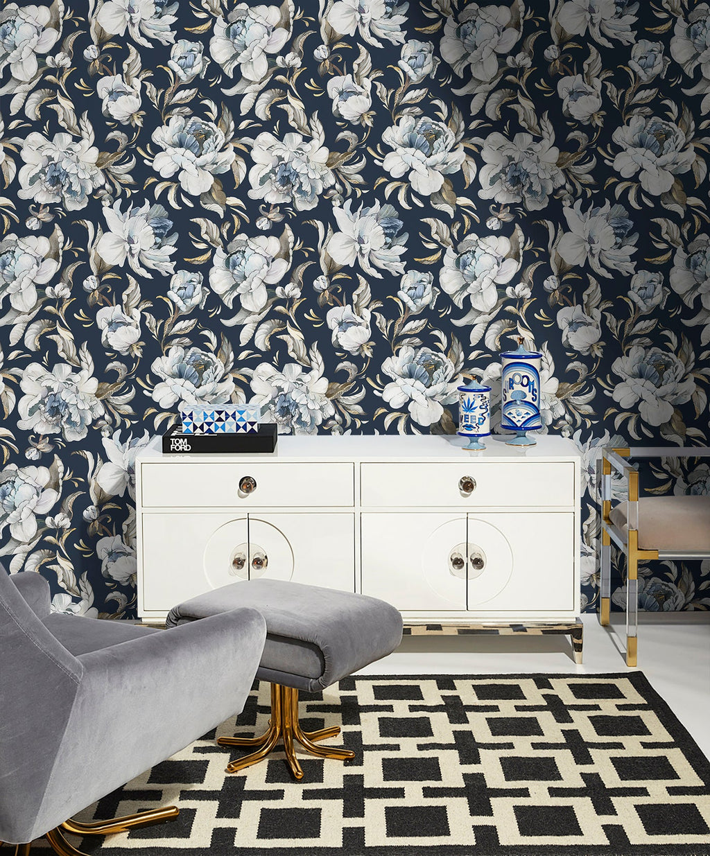 Floralplus Wallpaper Peel and Stick Navy Blue Peony Floral Vintage Watercolor Botanical Wall Decor Removable Mural for Bedroom Living Room Bathroom
