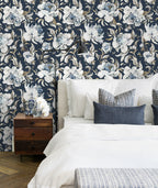 Floralplus Wallpaper Peel and Stick Navy Blue Peony Floral Vintage Watercolor Botanical Wall Decor Removable Mural for Bedroom Living Room Bathroom