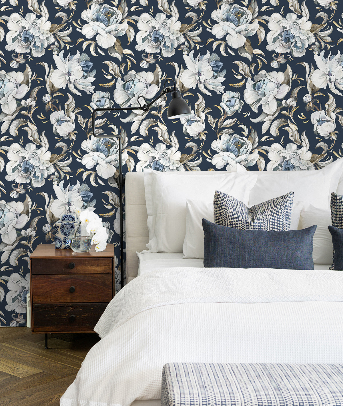 Floralplus Wallpaper Peel and Stick Navy Blue Peony Floral Vintage Watercolor Botanical Wall Decor Removable Mural for Bedroom Living Room Bathroom