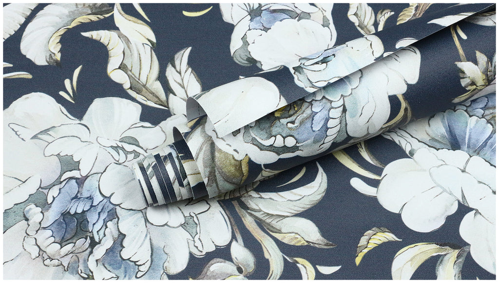 Floralplus Wallpaper Peel and Stick Navy Blue Peony Floral Vintage Watercolor Botanical Wall Decor Removable Mural for Bedroom Living Room Bathroom