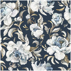 Floralplus Wallpaper Peel and Stick Navy Blue Peony Floral Vintage Watercolor Botanical Wall Decor Removable Mural for Bedroom Living Room Bathroom