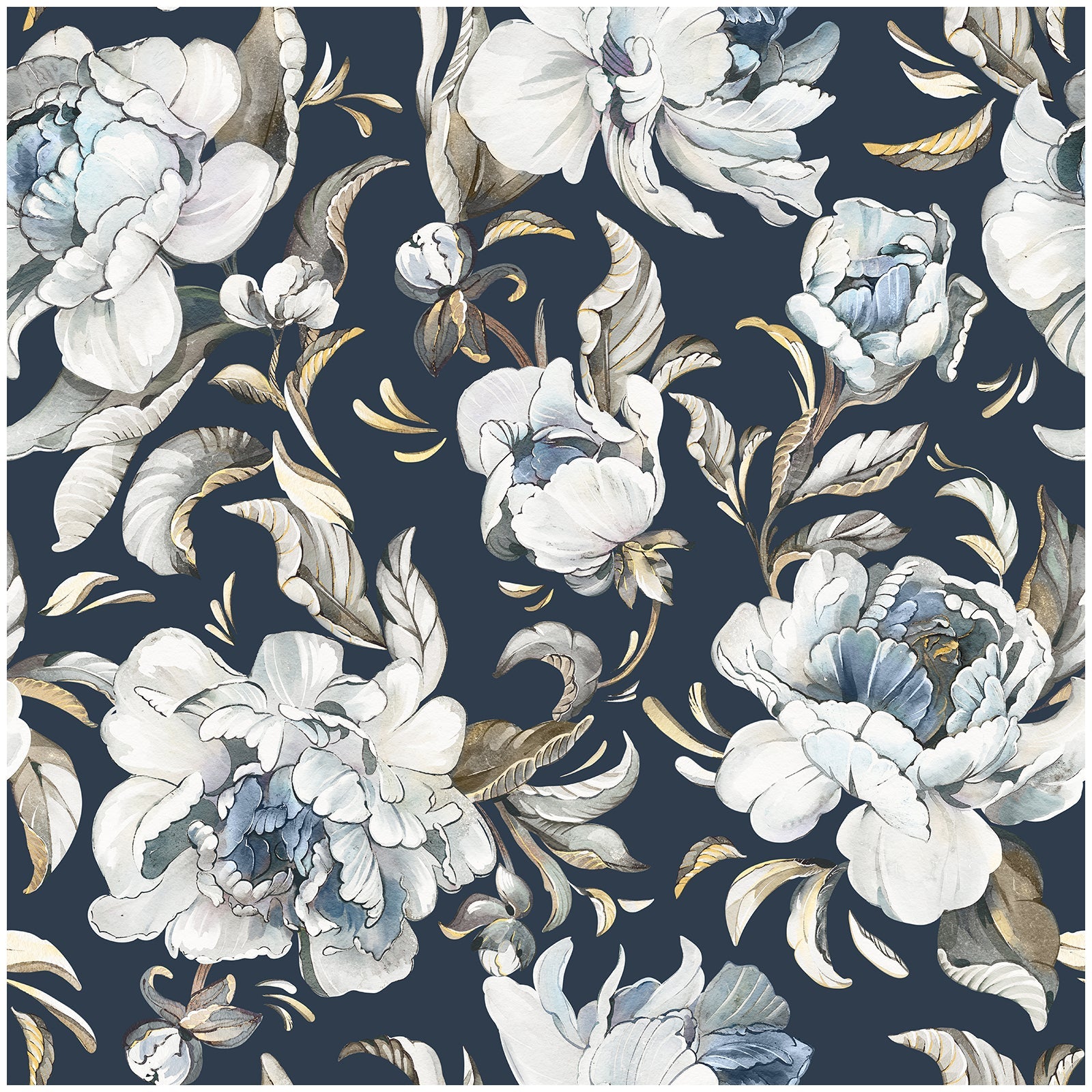 Floralplus Wallpaper Peel and Stick Navy Blue Peony Floral Vintage Watercolor Botanical Wall Decor Removable Mural for Bedroom Living Room Bathroom