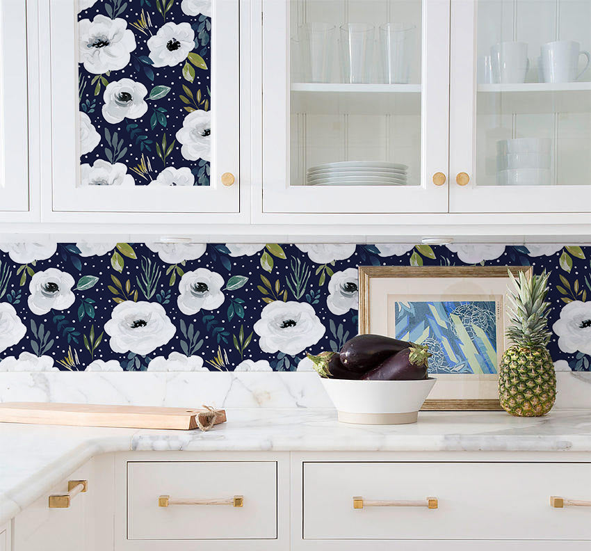 Floralplus Wallpaper Peel and Stick Navy Blue White Watercolor Floral Botanical Wall Decor Bathroom Bedroom Living Room Nursery Removable Self Adhesive Mural
