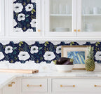 Floralplus Wallpaper Peel and Stick Navy Blue White Watercolor Floral Botanical Wall Decor Bathroom Bedroom Living Room Nursery Removable Self Adhesive Mural
