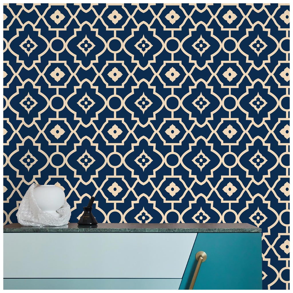 Floralplus Wallpaper Peel and Stick Navy Moroccan Trellis Tile Geometric Farmhouse Bathroom Kitchen Backsplash Laundry Room Removable Wall Decor