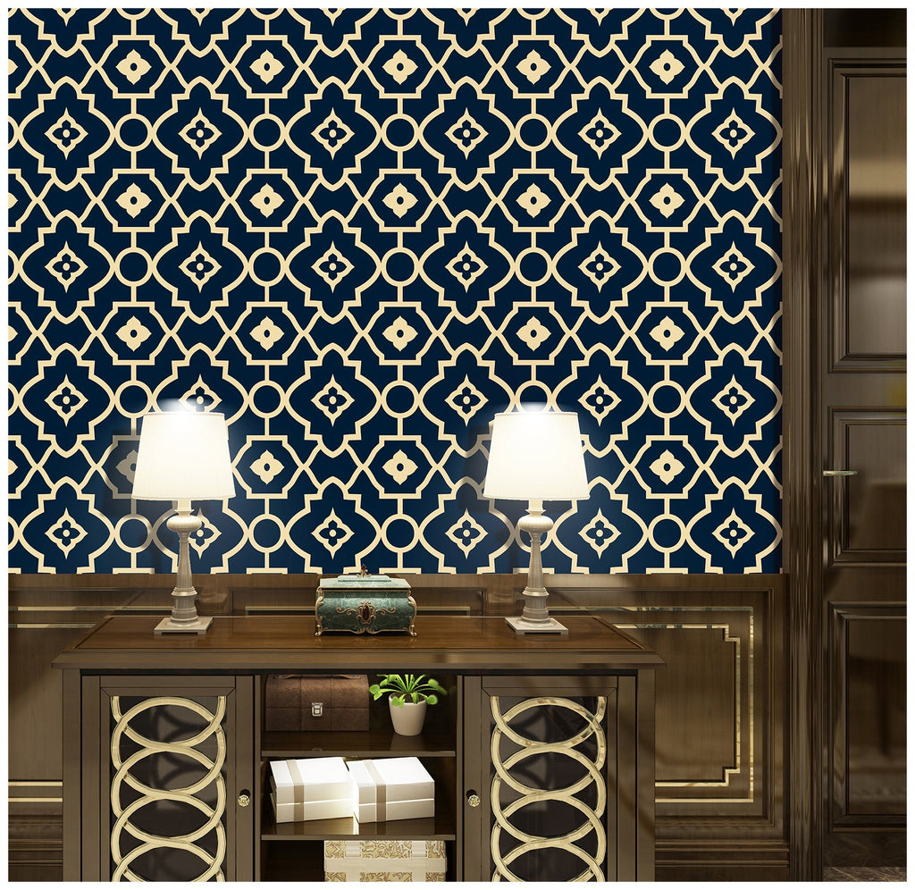 Floralplus Wallpaper Peel and Stick Navy Moroccan Trellis Tile Geometric Farmhouse Bathroom Kitchen Backsplash Laundry Room Removable Wall Decor