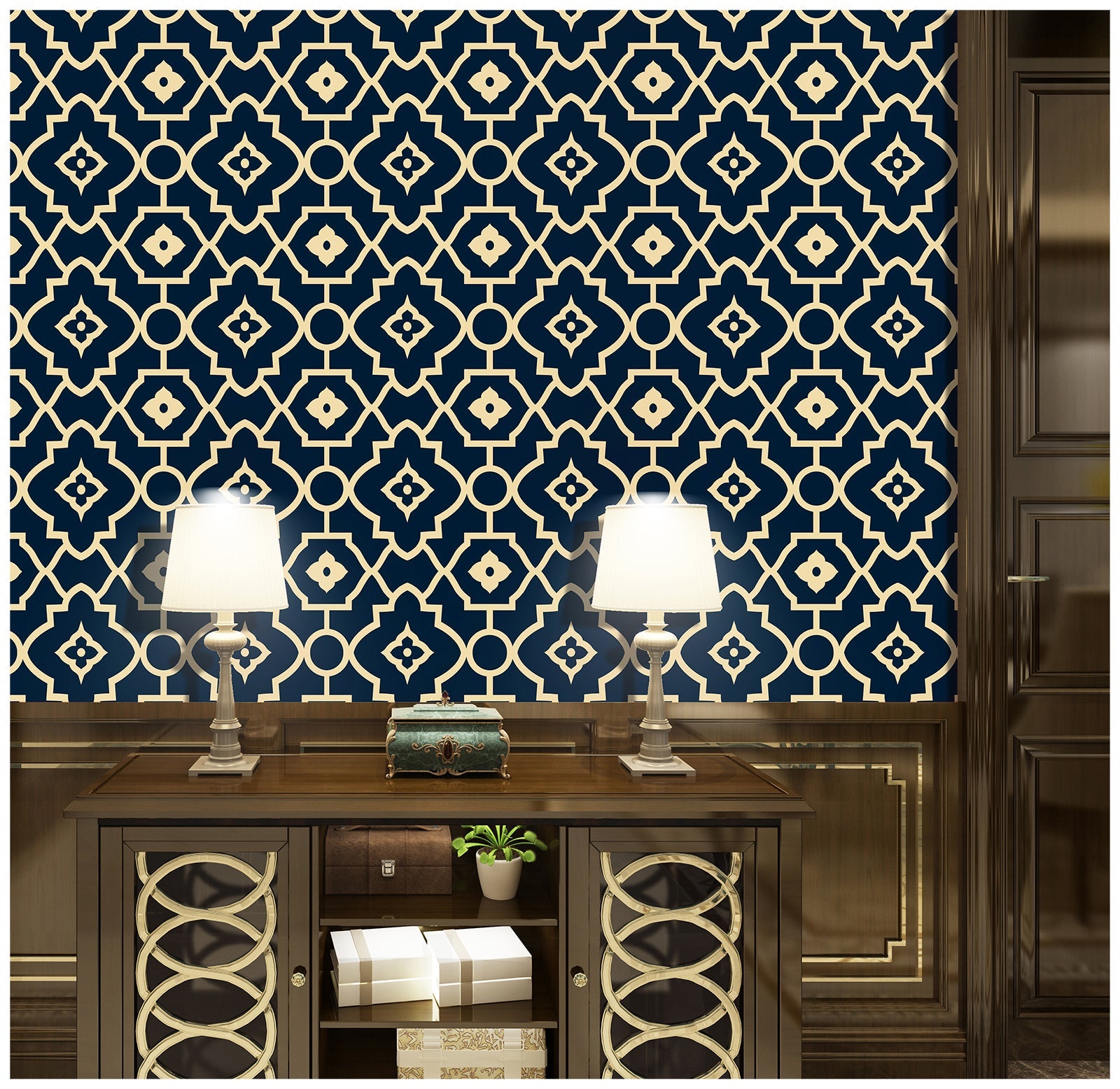Floralplus Wallpaper Peel and Stick Navy Moroccan Trellis Tile Geometric Farmhouse Bathroom Kitchen Backsplash Laundry Room Removable Wall Decor