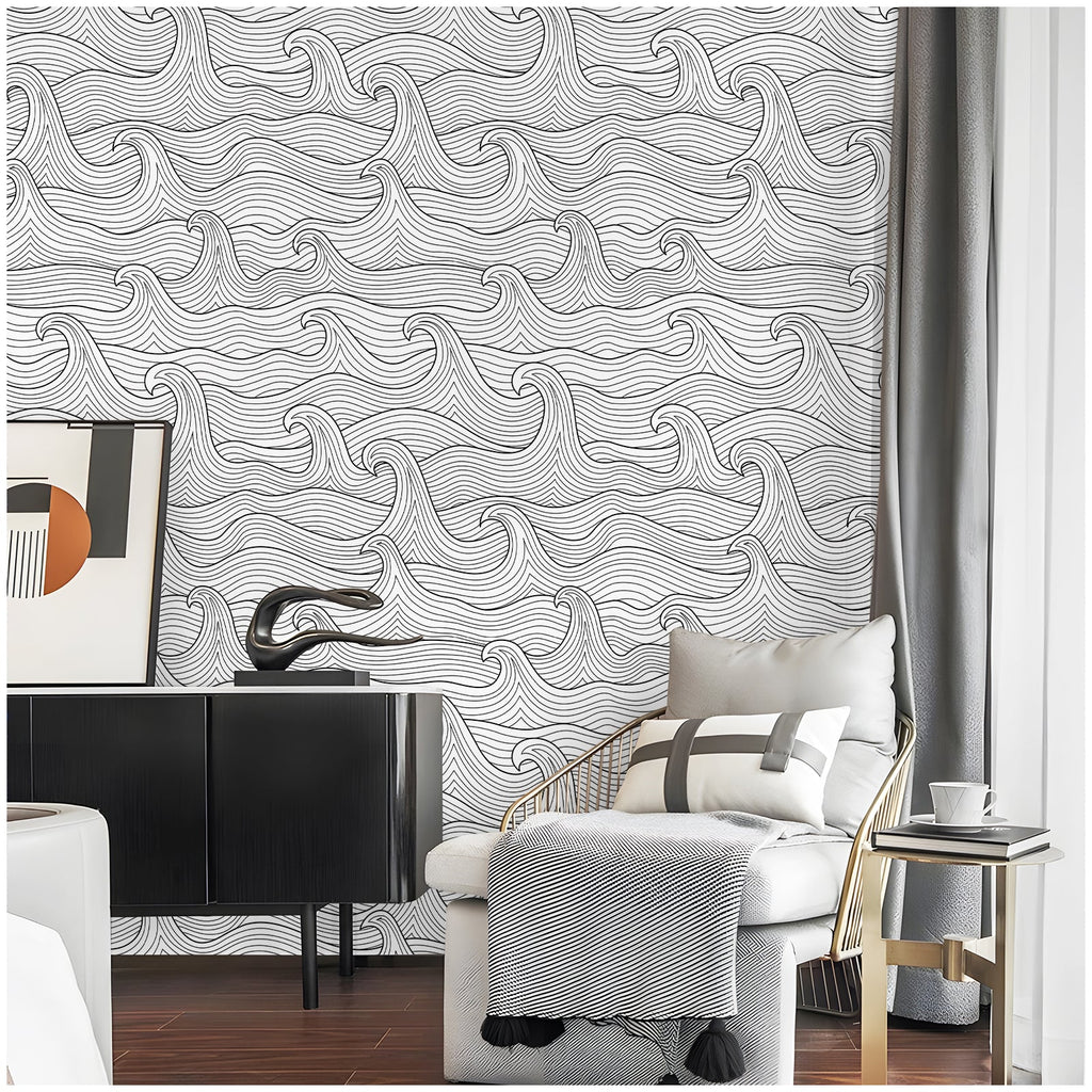Floralplus Wallpaper Peel and Stick Ocean Wave Black White Coastal Bathroom Kids Room Removable Wall Decor Self Adhesive Modern Mural